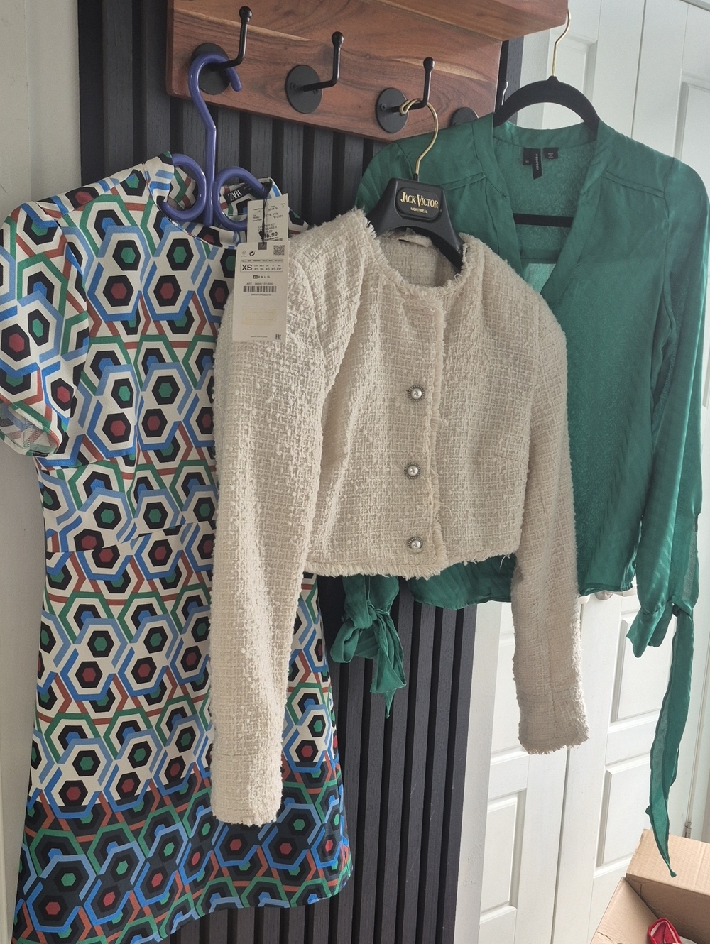 Cream Tweed Cropped Jacket with Pearl Buttons Plus Zara Dress And Green Blouse